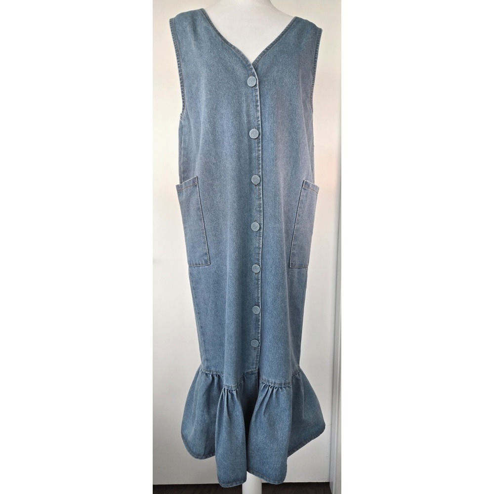 Denim Vest Dress Maxi Ruffle Mermaid Bottom Button Up Cargo Grunge V-Neck Blue